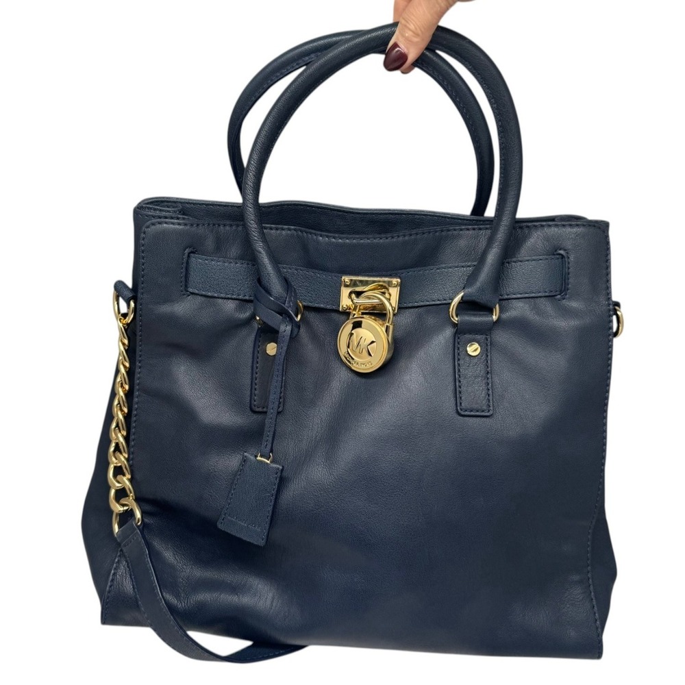 Michael Kors Hamilton Navy Blue Leather Satchel Bag Gold Lock Shoulder Strap